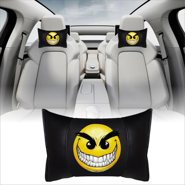 Auto Nackenkissen 20x30cm Nackenpolster Leder Schwarz mit Druck Design Smiley